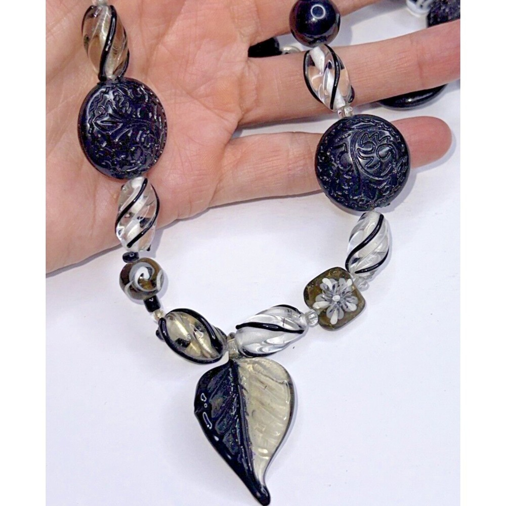 Necklace Glass Etched Bead Leaf Swirl Black White Dangle Stripe Toggle 20"